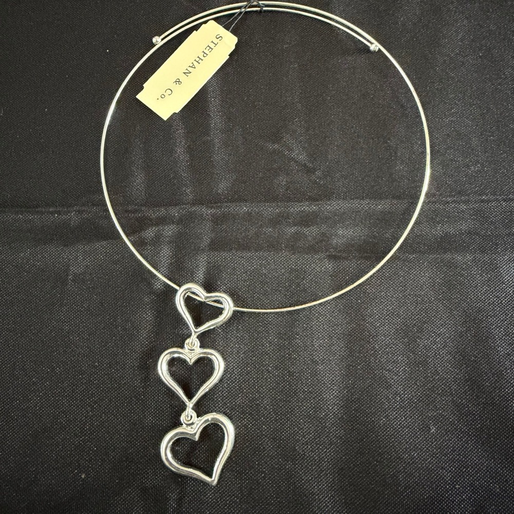 Stephan & Co Silver Tone Triple Open Heart Drop Torque Choker Necklace NEW